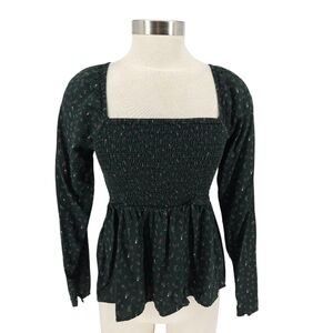 Old Navy Babydoll Peplum Shirt Green Floral Long Sleeve Smocked Top Medium